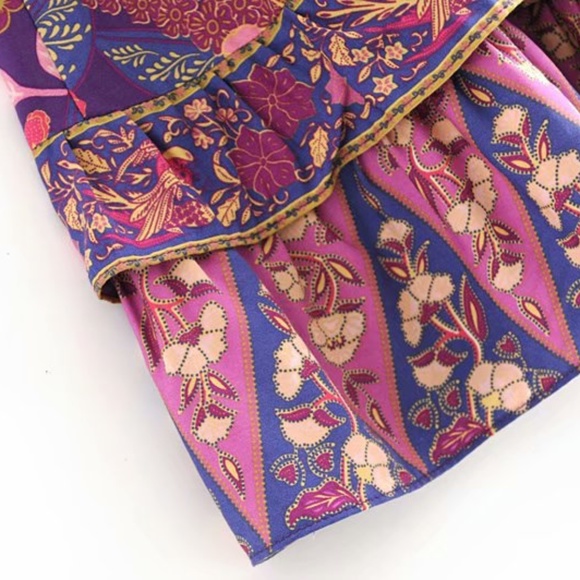 Bohemian Gypsy Purple Floral Print Mini Ruffle dress - Picture 15 of 16